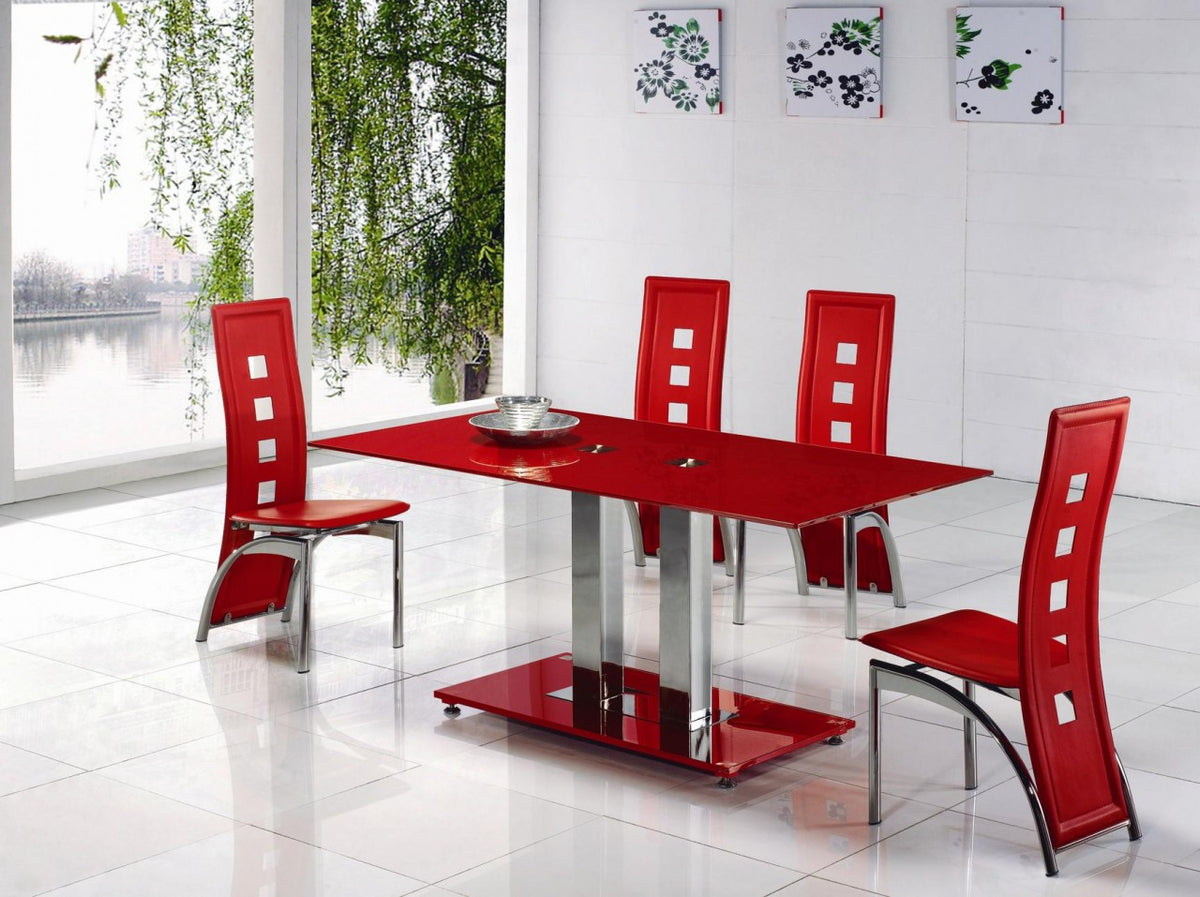 Glass table with online red chairs